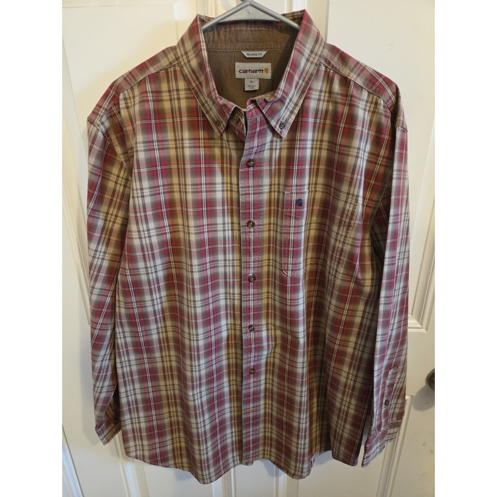 Men's Carhart Button Up Shirt Relaxed Fit Long Sleeve XL Plaid Workwear  Red Tan